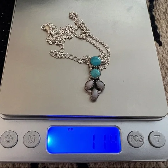 ❤️ Bluebird Turquoise & Pink Opal 925 Southwestern Navajo Necklace 18+2”L 11.4Gm - Picture 12 of 12